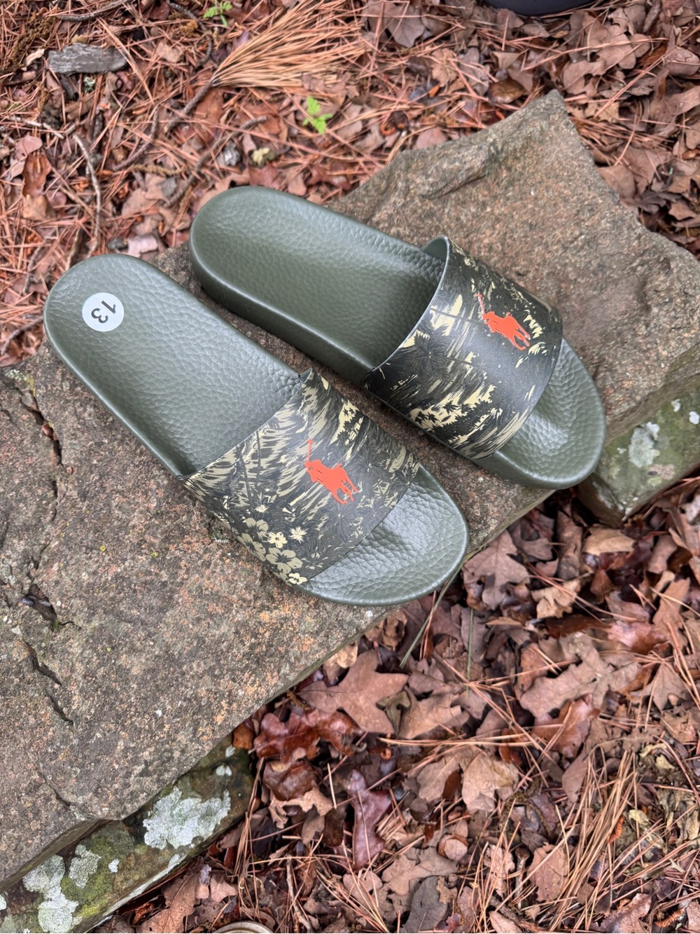 Polo by Ralph Lauren Olive Green Slide Sandals with Orange Pony